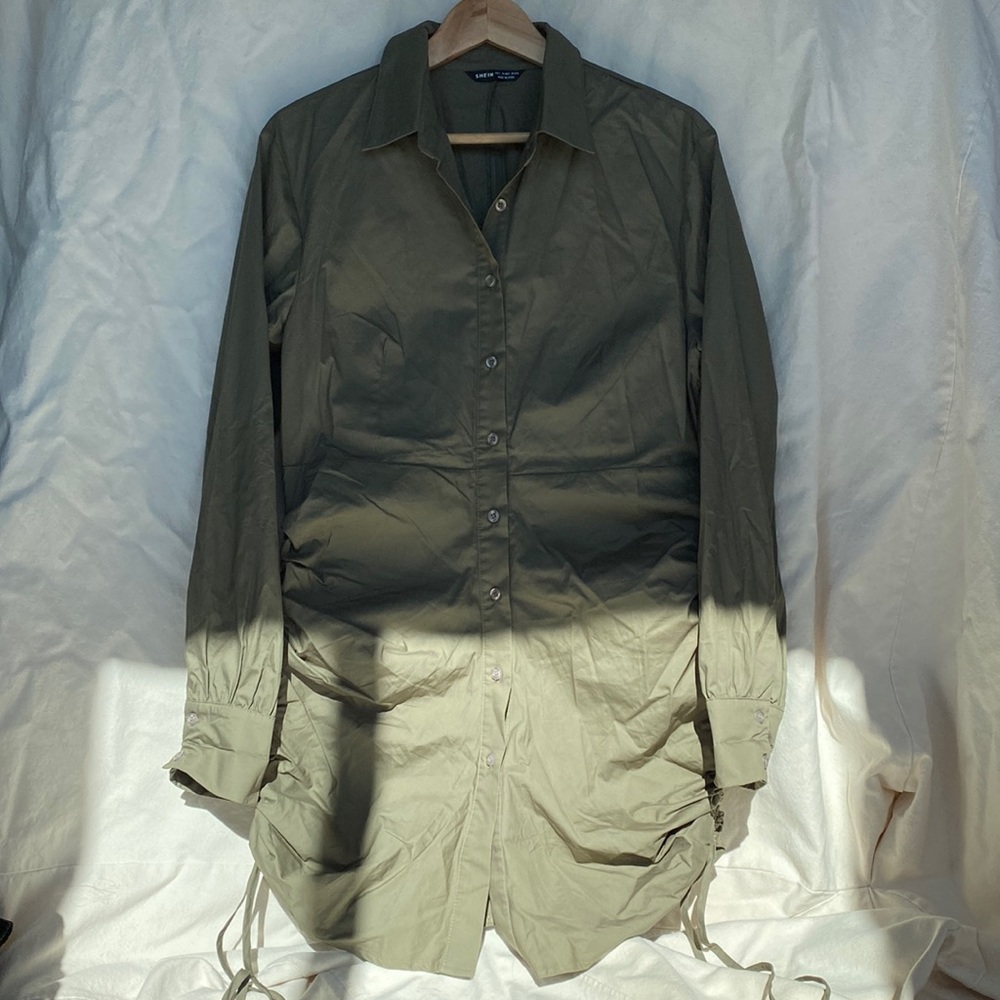 collared olive ruched dress with long balloon sleeves